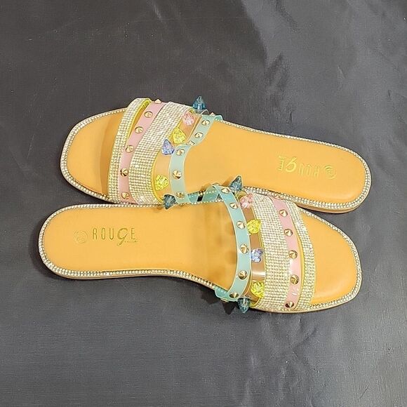 BRAND NEW ROUGE STUDDED RHINESTONES EMBELLISHMENTS SLIDE SANDAL - Picture 6 of 15